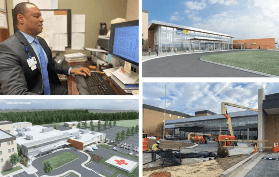 Collage of Paul Robinson, the facilities director and the construction project